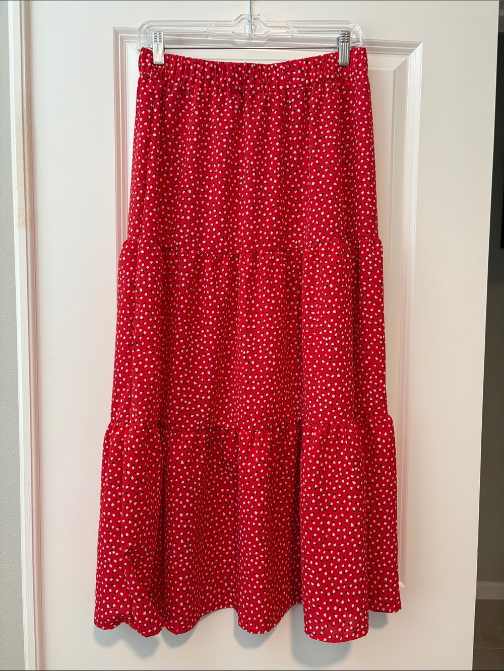 SHEIN Red Tiered Midi Skirt with White Dot Print